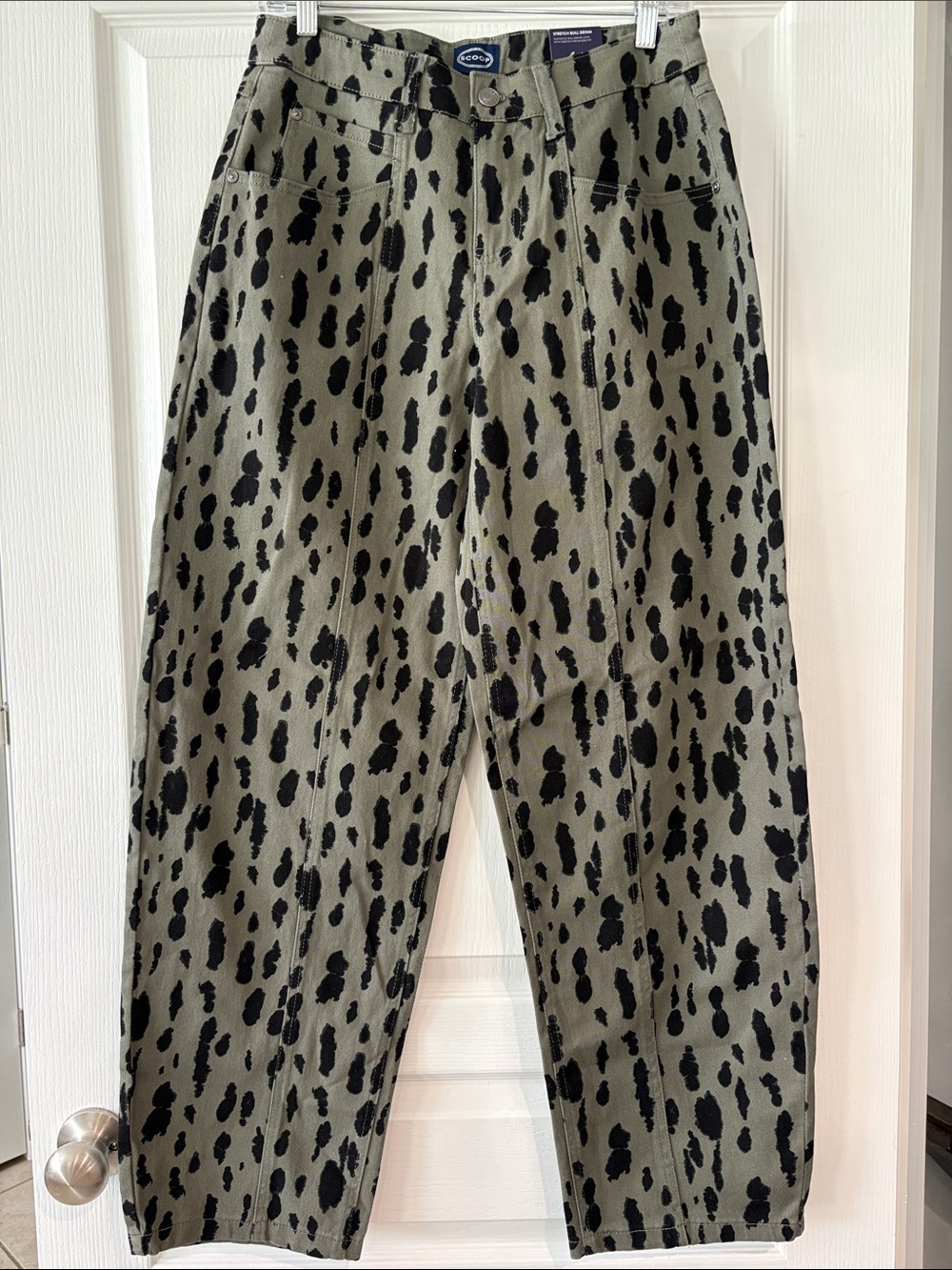 Patterned Olive Green Barrel Jeans with Black Spot Print